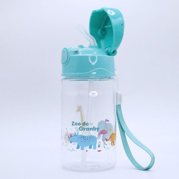 Bouteille d'eau avec paille pour enfant - Imprimée Zoo de Granby - Bleue